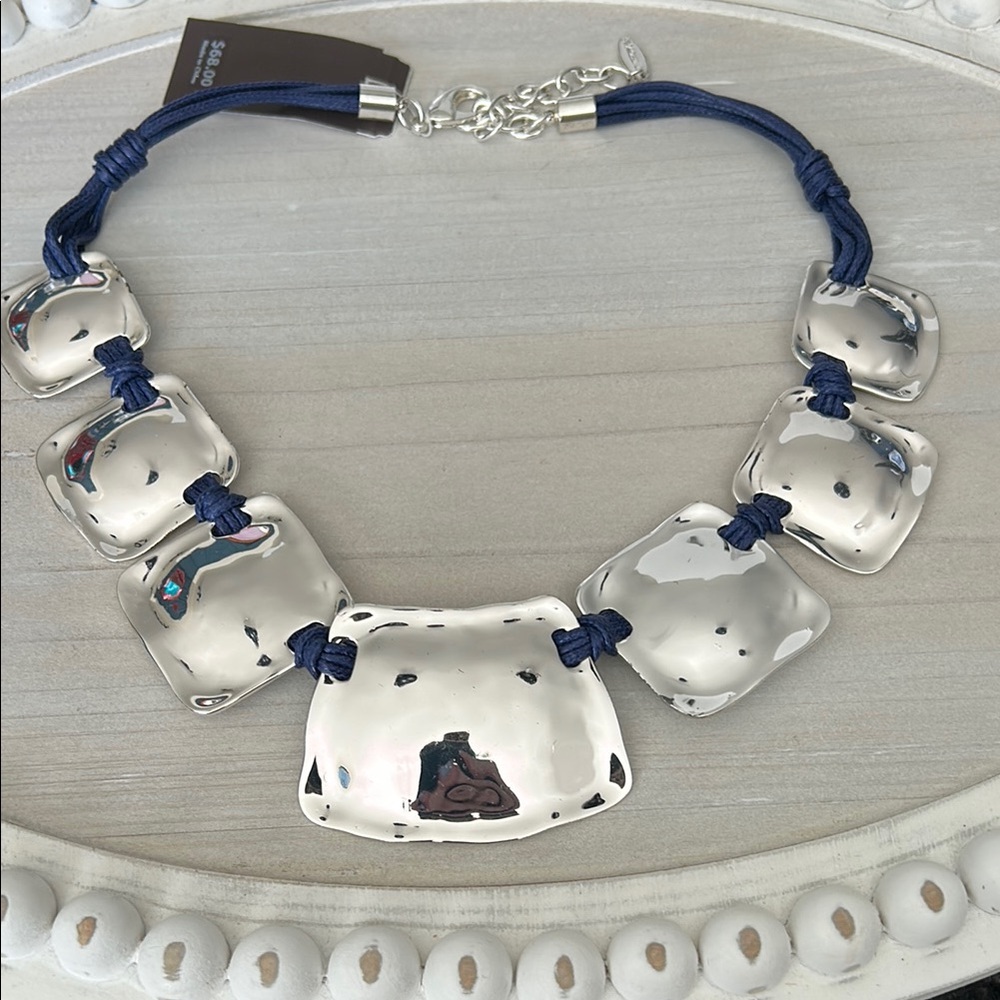 Silver Square Necklace with Blue Cord